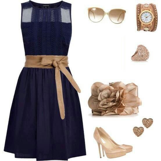 navy blue dress with gold shoes